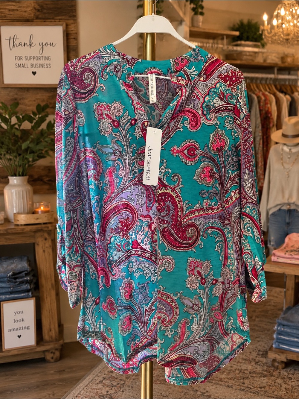 Teal Paisley V-Neck Blouse with 3/4 Sleeves